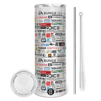 Video Game Studio Logos, Tumbler ποτήρι θερμό από ανοξείδωτο ατσάλι 600ml, με μεταλλικό καλαμάκι & βούρτσα καθαρισμού