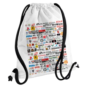 Video Game Studio Logos, Backpack pouch GYMBAG white, with pocket (40x48cm) & thick cords