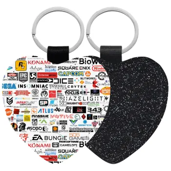 Video Game Studio Logos, Μπρελόκ PU δερμάτινο glitter καρδιά ΜΑΥΡΟ