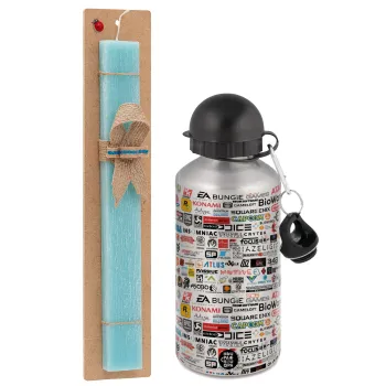 Video Game Studio Logos, Easter Set, metallic silver aluminum water bottle (500ml) & scented flat Easter candle (30cm) (TURQUOISE)