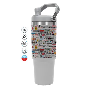 Video Game Studio Logos, ΓΚΡΙ χρώματος Θερμός Ανοξείδωτο 890ml (30oz) με χερούλι