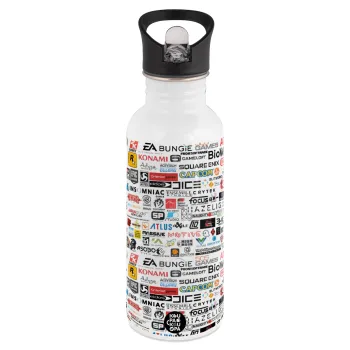 Video Game Studio Logos, Παγούρι νερού Λευκό με καλαμάκι, ανοξείδωτο ατσάλι 600ml