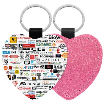 Video Game Studio Logos, Μπρελόκ PU δερμάτινο glitter καρδιά ΡΟΖ