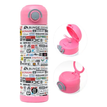 Video Game Studio Logos, Παιδικό παγούρι θερμό, ανοξείδωτο, με καλαμάκι ασφαλείας, ΡΟΖ (500ml)