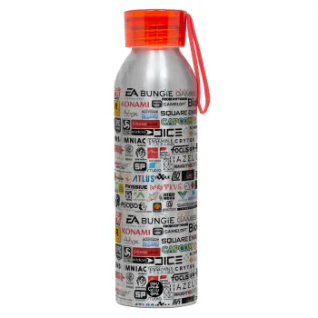 Video Game Studio Logos, Αλουμινένιο Αθλητικό Μπουκάλι 650ml – Ασημί με Κόκκινο Καπάκι και Λουράκι Σιλικόνης