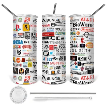 Video Game Studio Logos, Tumbler ποτήρι θερμό από ανοξείδωτο ατσάλι 600ml, με μεταλλικό καλαμάκι & βούρτσα καθαρισμού
