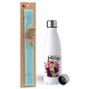 Easter Set, metallic stainless steel water bottle (750ml) & aromatic flat Easter candle (30cm) (TURQUOISE)