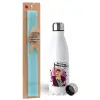 Easter Set, metallic stainless steel water bottle (750ml) & aromatic flat Easter candle (30cm) (TURQUOISE)