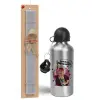 Easter Set, metallic silver aluminum water bottle (500ml) & aromatic flat Easter candle (30cm) (GRAY)