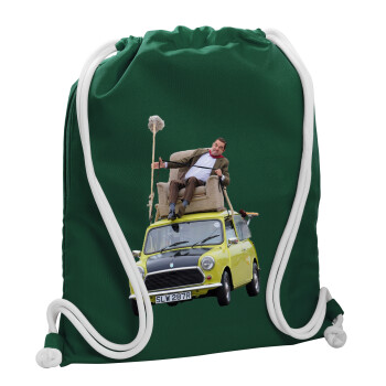 Mr. Bean mini 1000, Τσάντα πλάτης πουγκί GYMBAG BOTTLE GREEN, με τσέπη (40x48cm) & χονδρά λευκά κορδόνια