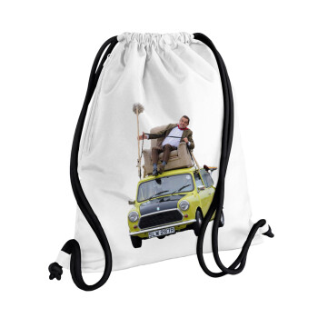 Mr. Bean mini 1000, Τσάντα πλάτης πουγκί GYMBAG λευκή, με τσέπη (40x48cm) & χονδρά κορδόνια