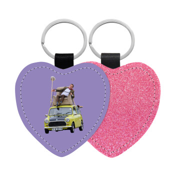 Mr. Bean mini 1000, Μπρελόκ PU δερμάτινο glitter καρδιά ΡΟΖ