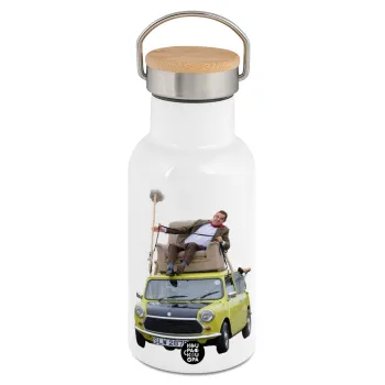 Mr. Bean mini 1000, Metallic thermos (Stainless steel) White with wooden lid (bamboo), double-walled, 350ml