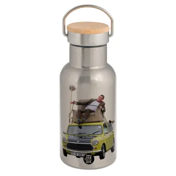 Mr. Bean mini 1000, Stainless steel metallic thermos flask, silver with a bamboo lid, double-walled, 350ml.