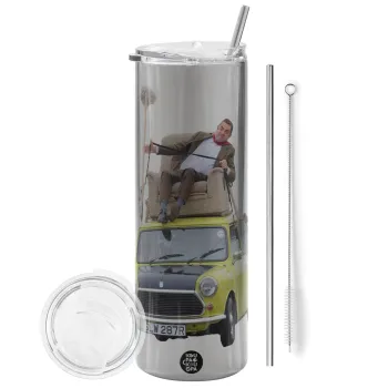 Mr. Bean mini 1000, Tumbler ποτήρι θερμό Ασημένιο από ανοξείδωτο ατσάλι 600ml, με μεταλλικό καλαμάκι & βούρτσα καθαρισμού
