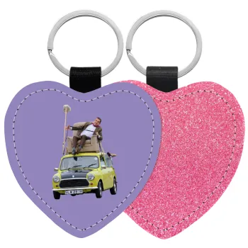 Mr. Bean mini 1000, Μπρελόκ PU δερμάτινο glitter καρδιά ΡΟΖ