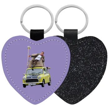 Mr. Bean mini 1000, Μπρελόκ PU δερμάτινο glitter καρδιά ΜΑΥΡΟ