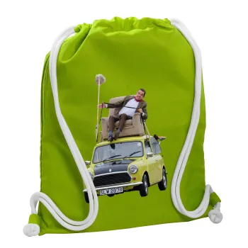 Mr. Bean mini 1000, Backpack bag GYMBAG LIME GREEN, with pocket (40x48cm) & thick cords