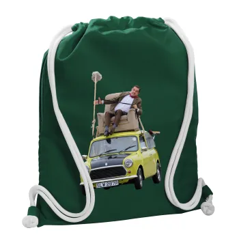Mr. Bean mini 1000, Τσάντα πλάτης πουγκί GYMBAG BOTTLE GREEN, με τσέπη (40x48cm) & χονδρά λευκά κορδόνια