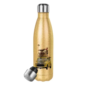 Mr. Bean mini 1000, Μεταλλικό παγούρι θερμός Glitter χρυσό (Stainless steel), διπλού τοιχώματος, 500ml