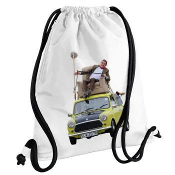 Mr. Bean mini 1000, Τσάντα πλάτης πουγκί GYMBAG λευκή, με τσέπη (40x48cm) & χονδρά κορδόνια