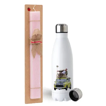 Mr. Bean mini 1000, Easter Set, metallic stainless steel water bottle (750ml) & scented flat Easter candle (30cm) (PINK)