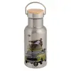 Stainless steel metallic thermos flask, silver with a bamboo lid, double-walled, 350ml.
