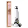 Easter Set, metallic stainless steel water bottle (750ml) & scented flat Easter candle (30cm) (PINK)