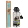 Easter Set, metallic silver aluminum water bottle (500ml) & scented flat Easter candle (30cm) (TURQUOISE)