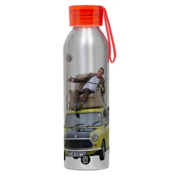 Mr. Bean mini 1000, Αλουμινένιο Αθλητικό Μπουκάλι 650ml – Ασημί με Κόκκινο Καπάκι και Λουράκι Σιλικόνης