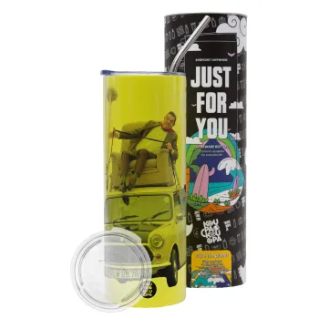 Mr. Bean mini 1000, Neon Yellow Travel Tumbler θερμό, μεταλλικό καλαμάκι(Ανωξείδωτο 304 Food grade, BPA free, 600ml)