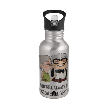 UP, YOU WILL ALWAYS BE MY GREATEST ADVENTURE, Water bottle Silver with straw, stainless steel 500ml