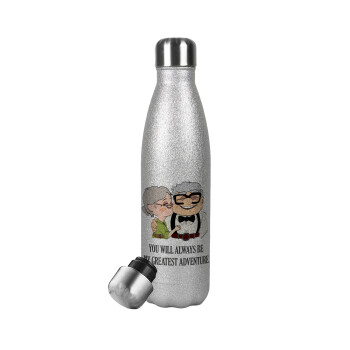 UP, YOU WILL ALWAYS BE MY GREATEST ADVENTURE, Μεταλλικό παγούρι θερμός Glitter Aσημένιο (Stainless steel), διπλού τοιχώματος, 500ml