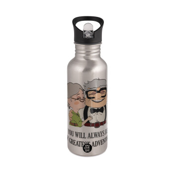 UP, YOU WILL ALWAYS BE MY GREATEST ADVENTURE, Water bottle Silver with straw, stainless steel 600ml