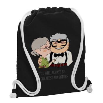 UP, YOU WILL ALWAYS BE MY GREATEST ADVENTURE, Backpack pouch GYMBAG Black, with pocket (40x48cm) & thick white cords