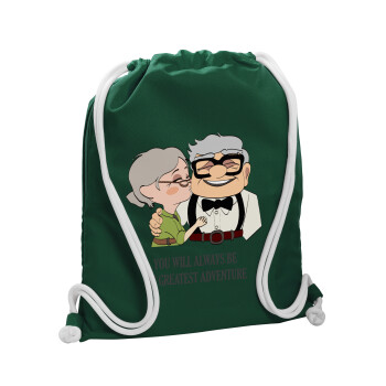 UP, YOU WILL ALWAYS BE MY GREATEST ADVENTURE, Τσάντα πλάτης πουγκί GYMBAG BOTTLE GREEN, με τσέπη (40x48cm) & χονδρά λευκά κορδόνια