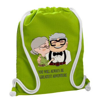 UP, YOU WILL ALWAYS BE MY GREATEST ADVENTURE, Τσάντα πλάτης πουγκί GYMBAG LIME GREEN, με τσέπη (40x48cm) & χονδρά κορδόνια