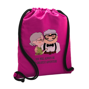 UP, YOU WILL ALWAYS BE MY GREATEST ADVENTURE, Backpack pouch GYMBAG Fuchsia, with pocket (40x48cm) & thick cords