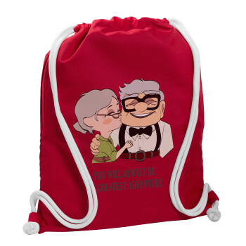 UP, YOU WILL ALWAYS BE MY GREATEST ADVENTURE, Backpack pouch GYMBAG Red, with pocket (40x48cm) & thick cords