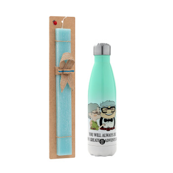 UP, YOU WILL ALWAYS BE MY GREATEST ADVENTURE, Easter Set, Metallic green/white thermos (Stainless steel), double-walled, 500ml & scented flat Easter candle (30cm) (TURQUOISE)