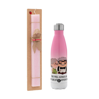 UP, YOU WILL ALWAYS BE MY GREATEST ADVENTURE, Easter Set, Metallic pink/white (Stainless steel) thermos, double-walled, 500ml & aromatic flat Easter candle (30cm) (PINK)