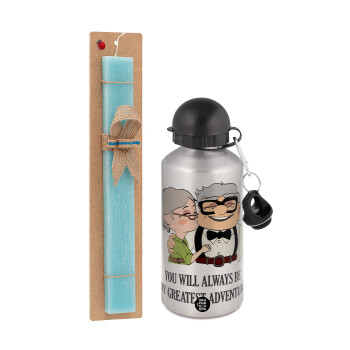 UP, YOU WILL ALWAYS BE MY GREATEST ADVENTURE, Easter Set, metallic silver aluminum water bottle (500ml) & scented flat Easter candle (30cm) (TURQUOISE)