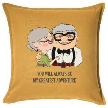 UP, YOU WILL ALWAYS BE MY GREATEST ADVENTURE, Sofa cushion YELLOW 50x50cm includes filling