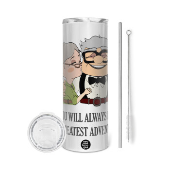 UP, YOU WILL ALWAYS BE MY GREATEST ADVENTURE, Eco friendly stainless steel tumbler 600ml, with metal straw & cleaning brush