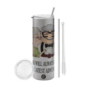 UP, YOU WILL ALWAYS BE MY GREATEST ADVENTURE, Eco friendly stainless steel Silver tumbler 600ml, with metal straw & cleaning brush