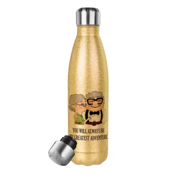 UP, YOU WILL ALWAYS BE MY GREATEST ADVENTURE, Glitter gold stainless steel thermos bottle, double-walled, 500ml