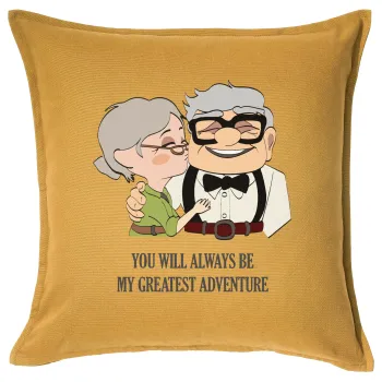 UP, YOU WILL ALWAYS BE MY GREATEST ADVENTURE, Sofa cushion YELLOW 50x50cm includes filling
