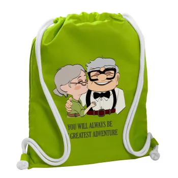 UP, YOU WILL ALWAYS BE MY GREATEST ADVENTURE, Backpack bag GYMBAG LIME GREEN, with pocket (40x48cm) & thick cords