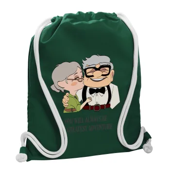 UP, YOU WILL ALWAYS BE MY GREATEST ADVENTURE, Backpack pouch GYMBAG BOTTLE GREEN, with pocket (40x48cm) & thick white cords