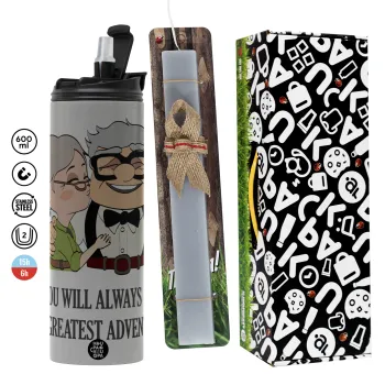 UP, YOU WILL ALWAYS BE MY GREATEST ADVENTURE, Πασχαλινή Λαμπάδα με Travel Tumbler θερμό (600ml, BPA free) & κερί αρωματικό πλακέ (30cm) (ΓΚΡΙ)